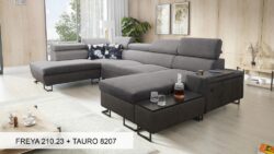 Narożnik U rozkładany Melody VI w tkaninie Freya-210.18 i Tauro 8207 z regulowanymi zagłówkami i barem