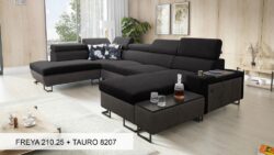 Narożnik U rozkładany Melody VI w tkaninie Freya-210.18 i Tauro 8207 z regulowanymi zagłówkami i barem