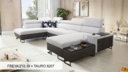 Narożnik U rozkładany Melody VI w tkaninie Freya-210.18 i Tauro 8207 z regulowanymi zagłówkami i barem