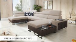 Narożnik U rozkładany Melody VI w tkaninie Freya-210.18 i Tauro 8207 z regulowanymi zagłówkami i barem