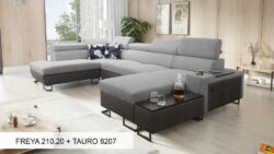 Narożnik U rozkładany Melody VI w tkaninie Freya-210.18 i Tauro 8207 z regulowanymi zagłówkami i barem