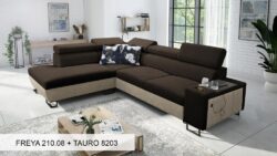 Narożnik rozkładany Melody VII w tkaninie Freya-210.18 i Tauro 8207 z regulowanymi zagłówkami i barem