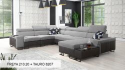 Narożnik U rozkładany Melody VIII w tkaninie Freya-210.18 i Tauro 8207 z regulowanymi zagłówkami i barem
