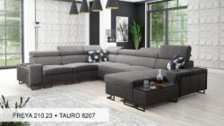 Narożnik U rozkładany Melody VIII w tkaninie Freya-210.18 i Tauro 8207 z regulowanymi zagłówkami i barem