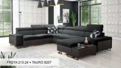 Narożnik U rozkładany Melody VIII w tkaninie Freya-210.18 i Tauro 8207 z regulowanymi zagłówkami i barem