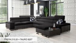Narożnik U rozkładany Melody VIII w tkaninie Freya-210.18 i Tauro 8207 z regulowanymi zagłówkami i barem