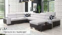 Narożnik U rozkładany Melody VIII w tkaninie Freya-210.18 i Tauro 8207 z regulowanymi zagłówkami i barem