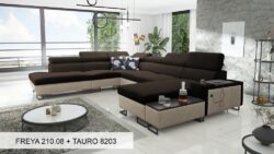 Narożnik U rozkładany Melody X w tkaninie Freya-210.18 i Tauro 8207 z regulowanymi zagłówkami i barem