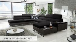 Narożnik U rozkładany Melody X w tkaninie Freya-210.18 i Tauro 8207 z regulowanymi zagłówkami i barem