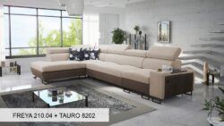 Narożnik rozkładany Melody XI Mini w tkaninie Freya-210.18 i Tauro 8207 z regulowanymi zagłówkami i barem