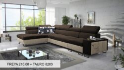 Narożnik rozkładany Melody XI Mini w tkaninie Freya-210.18 i Tauro 8207 z regulowanymi zagłówkami i barem