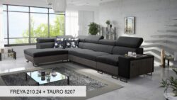 Narożnik rozkładany Melody XI Mini w tkaninie Freya-210.18 i Tauro 8207 z regulowanymi zagłówkami i barem