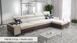 Narożnik rozkładany Melody XII Mini w tkaninie Freya-210.18 i Tauro 8207 z regulowanymi zagłówkami i barem