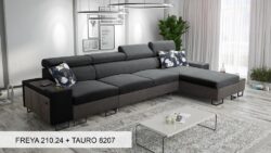 Narożnik rozkładany Melody XII Mini w tkaninie Freya-210.18 i Tauro 8207 z regulowanymi zagłówkami i barem