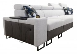 Narożnik rozkładany Melody XII Mini w tkaninie Freya-210.18 i Tauro 8207 z regulowanymi zagłówkami i barem