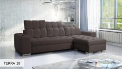 Narożnik rozkładany Pagano I w tkaninie Terra-80 z regulowanymi zagłówkami i chromowanymi nóżkami