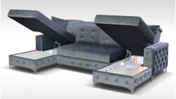 Narożnik rozkładany Verso U w stylu glamour z funkcją spania i pojemnikami na pościel