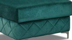 Puf Borys tapicerowany z metalowymi nóżkami w stylu glamour dostępny w różnych kolorach tkanin
