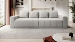 Sofa rozkładana Motta w stylu nowoczesnym z pikowanym siedziskiem i siedmioma poduszkami