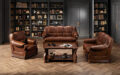 Sofa Parma 2 osobowa z naturalnej skóry w eleganckim stylu z drewnianymi zdobionymi bokami