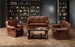 Sofa Parma 2 osobowa z naturalnej skóry w eleganckim stylu z drewnianymi zdobionymi bokami