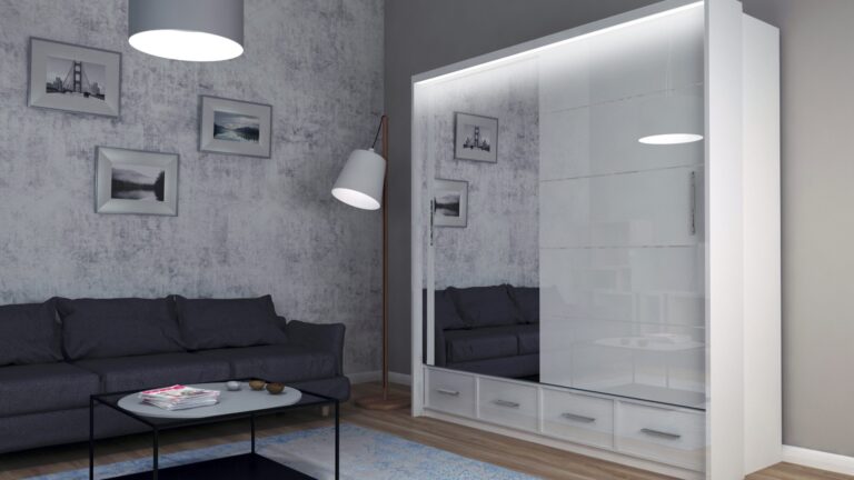 biała szafa przesuwna Sycylia 150 LED z lustrem i oświetleniem LED