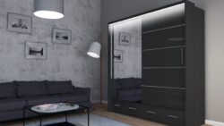 Nowoczesna czarna szafa przesuwna Sycylia 150 LED z lustrem i oświetleniem LED