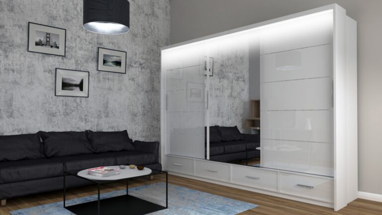 Biała szafa przesuwna Sycylia 250 LED z lustrem i oświetleniem LED, nowoczesny design