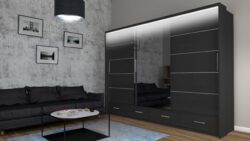 Nowoczesna czarna szafa przesuwna Sycylia 250 LED z lustrem i oświetleniem LED