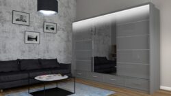 Szafa przesuwna Sycylia 250 LED w kolorze szarym z lustrem i oświetleniem LED