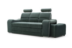 Sofa rozkładana Wenus w tkaninie Malmo-63 z chromowanymi nóżkami i pojemnikiem na pościel