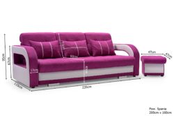 Kanapa rozkładana Nina z pufem w tkaninie Aston-11 i Soft-17, wymiary 235x95 cm, nowoczesny design
