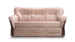 Sofa rozkładana Honorata w tkaninie Tesla-02 z ciemnymi orzechowymi elementami drewnianymi na podłokietnikach