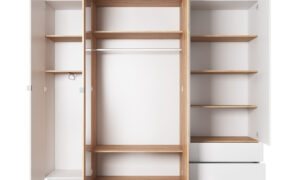 Otwarta szafa 3D H w białym kolorze z drewnianymi akcentami dębu craft złoty, nowoczesny design