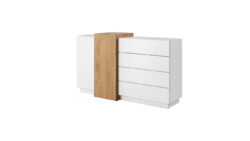 Komoda 3D 2D4S w białym kolorze z drewnianymi akcentami dębu craft złoty, nowoczesny design bez uchwytów