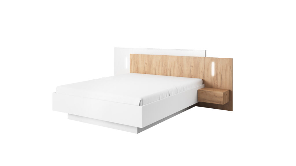 Łóżko 3D 160x200 LED DREW z oświetleniem, drewnianymi akcentami dębu i pojemnikiem na pościel