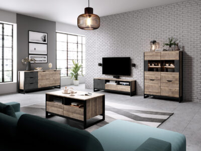 Witryna Arden niska w industrialnym stylu z dębu i ciemnoszarego metalu na tle jasnego wnętrza