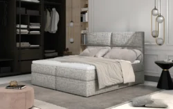 Łóżko kontynentalne Amber 140x200 w tkaninie Berlin-01 z podzielonym na cztery części wezgłowiem i pojemnikiem na poście
