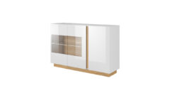 Komoda Arco 138 3D z witryną w białym połysku i dębowym akcentem, nowoczesny design