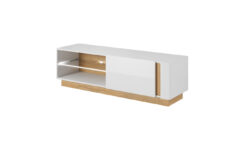 Szafka RTV Arco 138 w białym połysku z dębowym akcentem, nowoczesny mebel do salonu