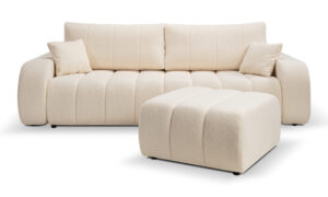 Sofa BALOO z pufą w tkaninie Lambi 8 o nowoczesnym designie i zaoblonych kształtach