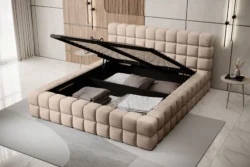 Łóżko tapicerowane Dizzle 140x200 w tkaninie Amore-03 z dużym wezgłowiem i pojemnikiem na pościel