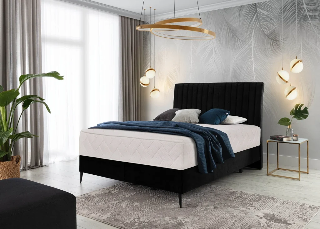 Łóżko kontynentalne Blanca 140x200 z wysokim przeszywanym zagłówkiem i welurową tapicerką w pastelowym kolorze