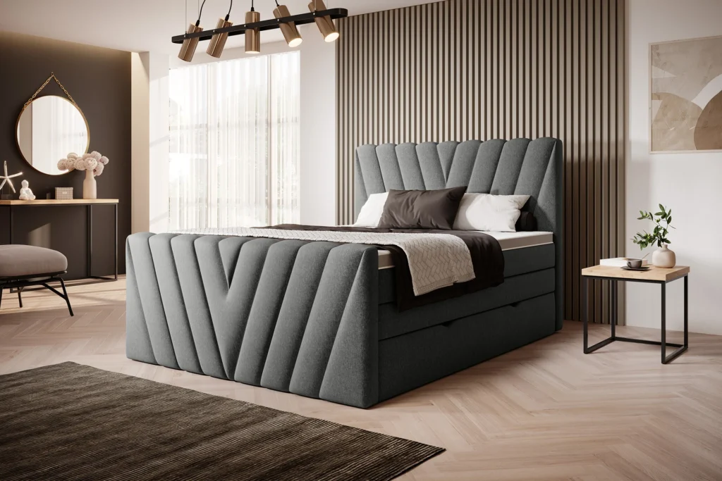 Łóżko kontynentalne Candice 140x200 w tkaninie Flores-04 z wysokim wezgłowiem i pojemnikami na pościel