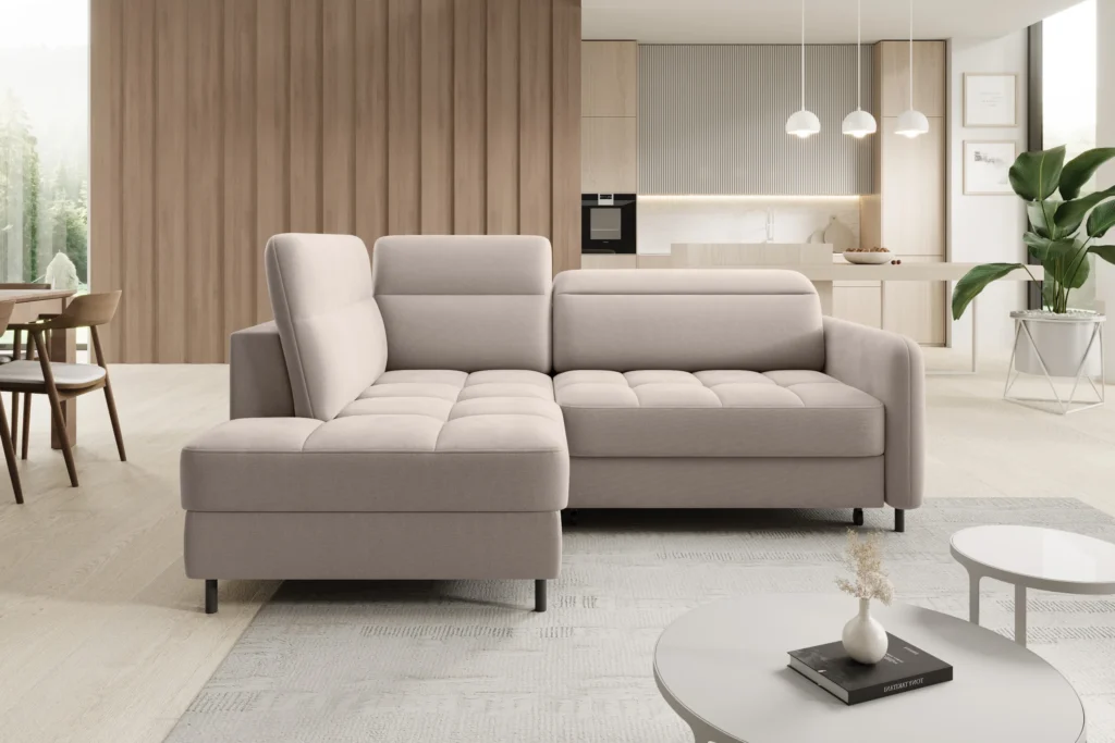 Narożnik rozkładany Barea w tkaninie Sola-18 z regulowanymi zagłówkami i czarnymi metalowymi nogami