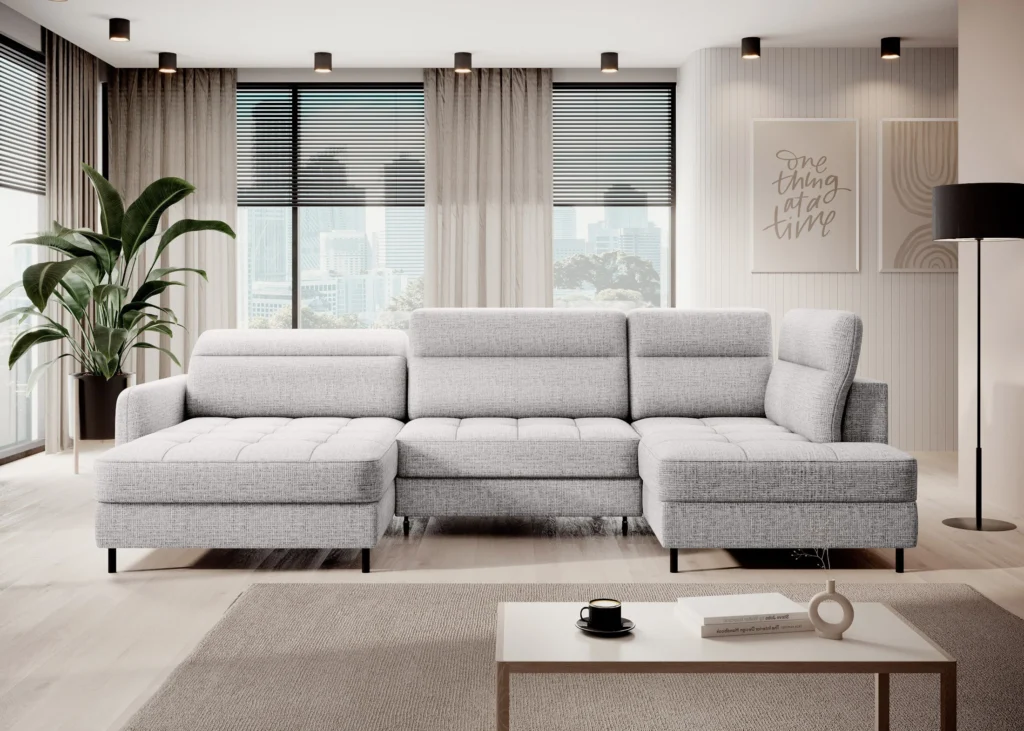 Narożnik U rozkładany Berrto w tkaninie Aubron-03 z czarnymi metalowymi nóżkami i regulowanymi zagłówkami