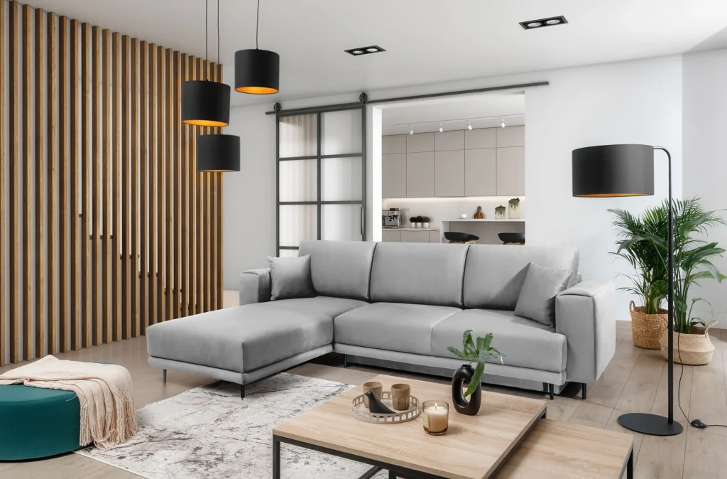 Narożnik rozkładany Dalia w jasnoszarym welurze Nube z metalowymi nóżkami, nowoczesny i funkcjonalny mebel do salonu