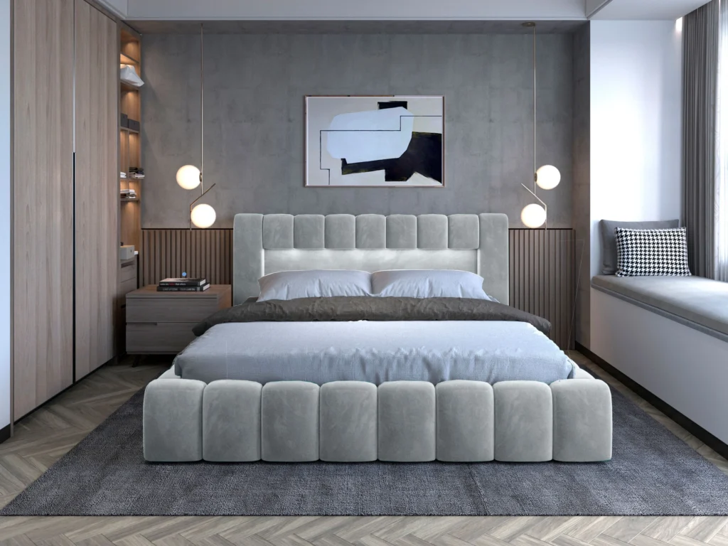 Łóżko tapicerowane Lamica LED 140x200 z podświetleniem LED i pojemnikiem na pościel w tkaninie Monolith-84
