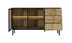 Komoda Lang 150 2D3S LED z naturalnego dębu i czarną ramką, z oświetleniem LED i systemem push-to-open