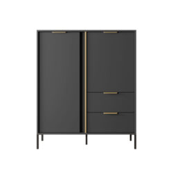 Komoda wysoka Lars 2D2S w kolorze antracyt z złotymi uchwytami i obrzeżem, nowoczesny design